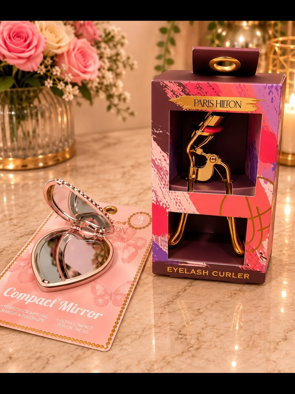 Paris Hilton Pink Rhinestone Heart Compact Mirror & Eyelash Curler Bundle